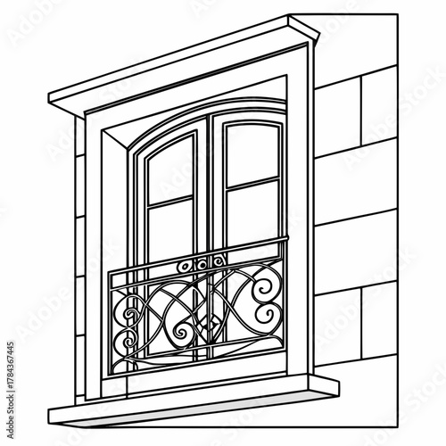 Ornate balcony window with wrought iron railing vector 2