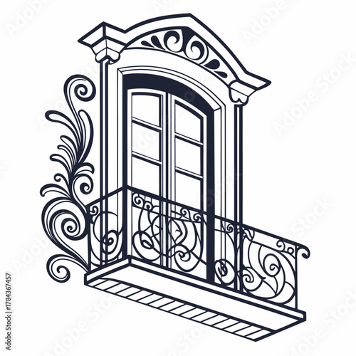 Ornate vintage window with balcony railing vector 2