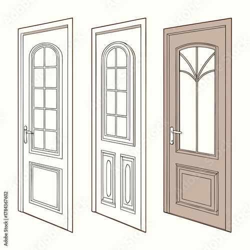Three paneled doors with glass inserts and handles