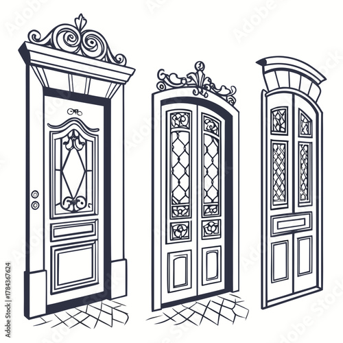 Three vintage ornate doors with decorative frames pane