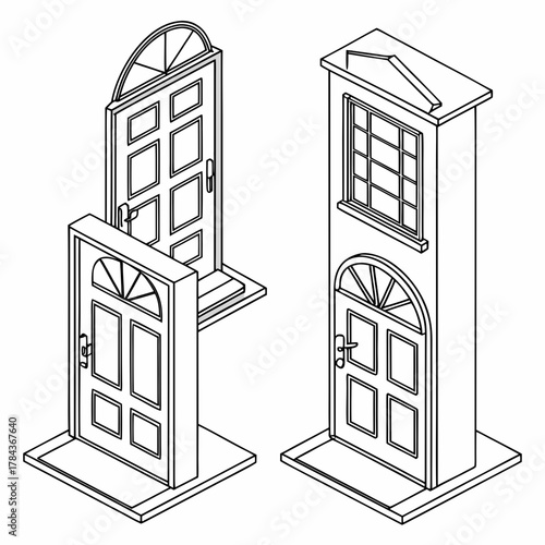 Two isometric doors with windows and arched transoms