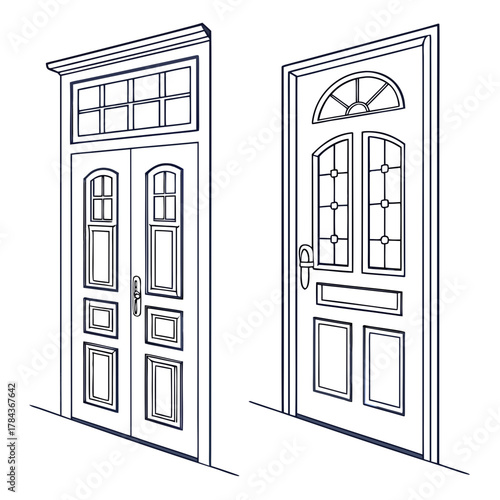 Two outlined doors with windows and door handles entrance
