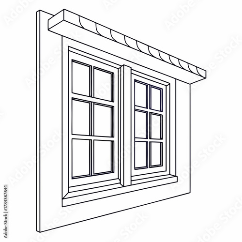 Two pane window with awning line art architectural