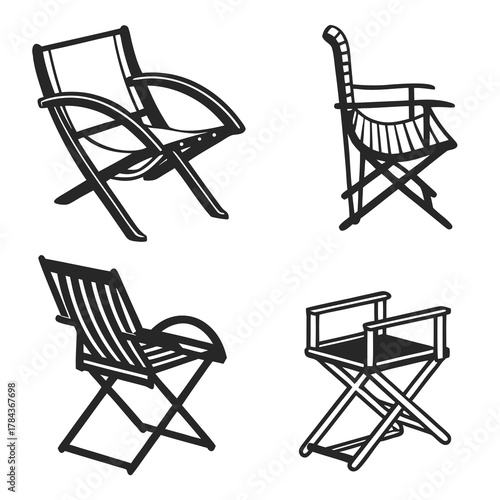 Four black silhouette folding chairs on white background