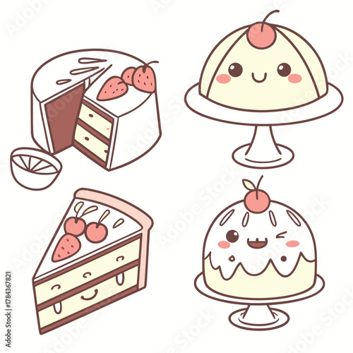 Four cute cartoon desserts with faces cake slice of cake