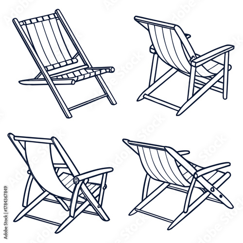 Four deck chair icons in outline style lounge chair