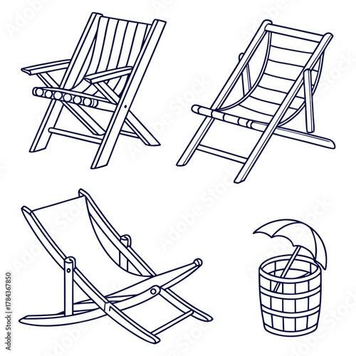Four deck chair illustrations with a barrel and umbrella