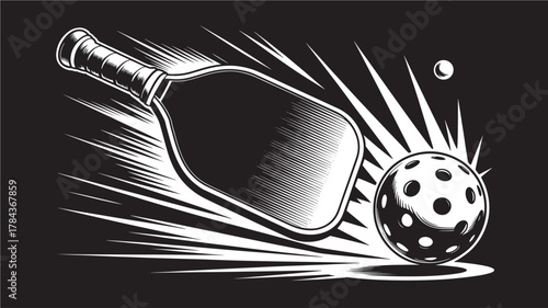Pickleball paddle and ball graphic illustration for sport equipment design isolated on black background