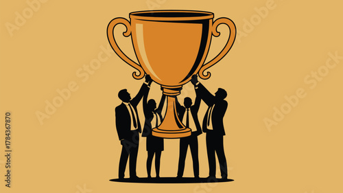 Dynamic team celebrating amazing business victory by holding golden trophy high, perfect for corporate awards, achievements, and team success concepts