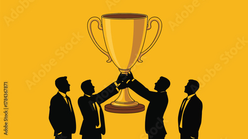 Dynamic team celebrating victory with a gold trophy against a vibrant background, showcasing success and achievement in a collaborative business enviroment