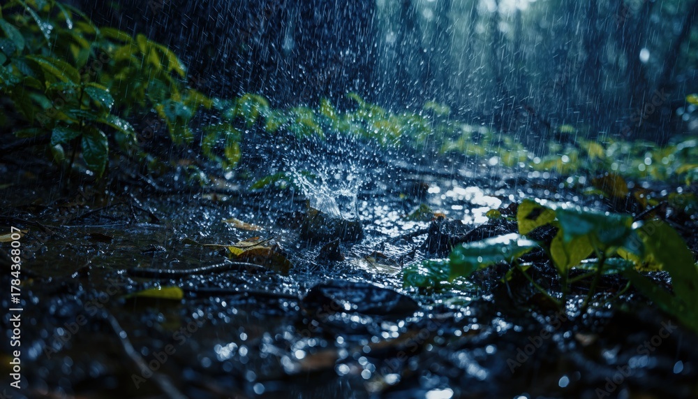 Fototapeta premium Close Up of a Forest Floor with Rainfall and Green Plants.