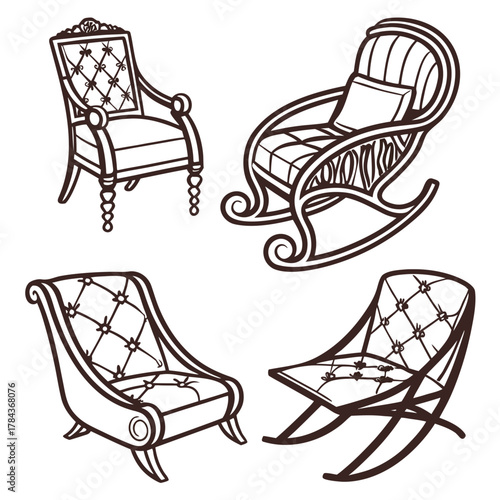 Four ornate antique chairs in dark brown outline furniture