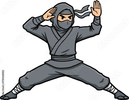Cartoon ninja defensive stance, gray outfit, masked face, martial arts pose, vector illustration, stealth, combat, agility, motion, readiness