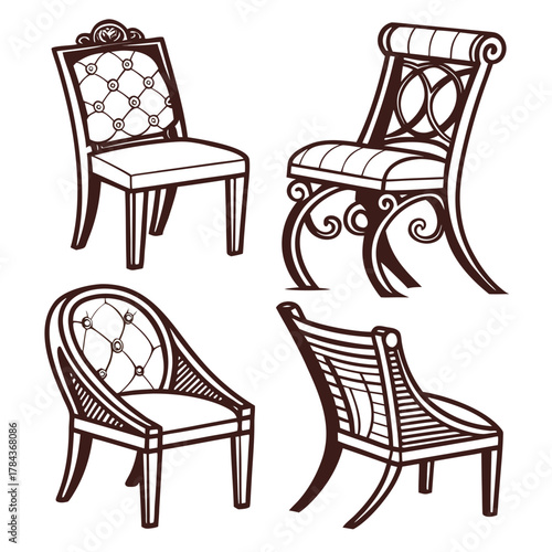 Four ornate antique chairs in dark brown outline furniture 1