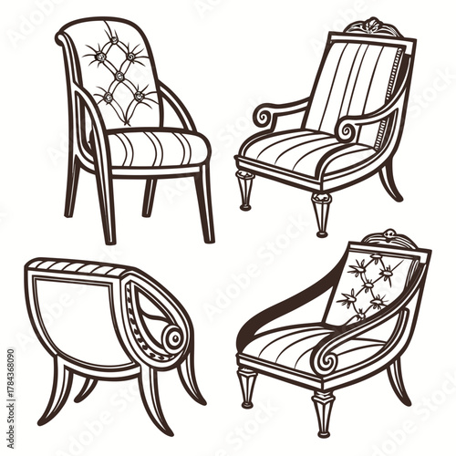 Four ornate antique chairs line art furniture classic