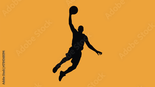 Dynamic silhouette of a basketball player soaring for a slam dunk against a vibrant orange backdrop perfect for sports marketing and athletic themes