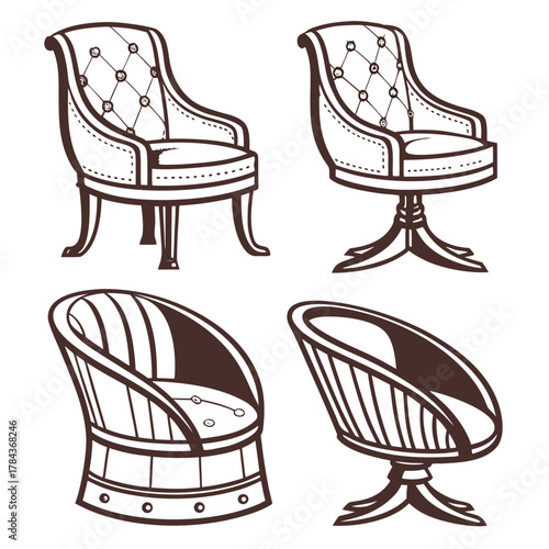 Four vintage chairs in brown outline vector art armchair