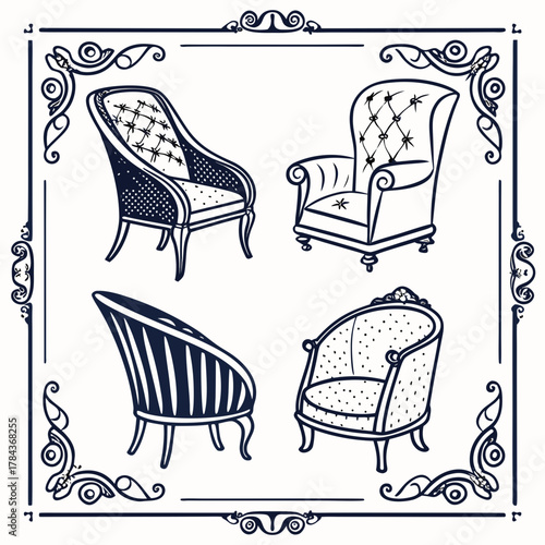 Four vintage chairs ornate frame graphic retro furniture