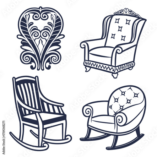 Four vintage style chairs and ornate scrollwork retro