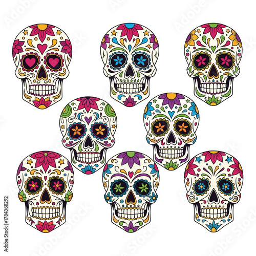 Vibrant Sugar Skulls Collection for Day of the Dead Celebration | Traditional Mexican Calaveras with Intricate Floral and Heart Patterns