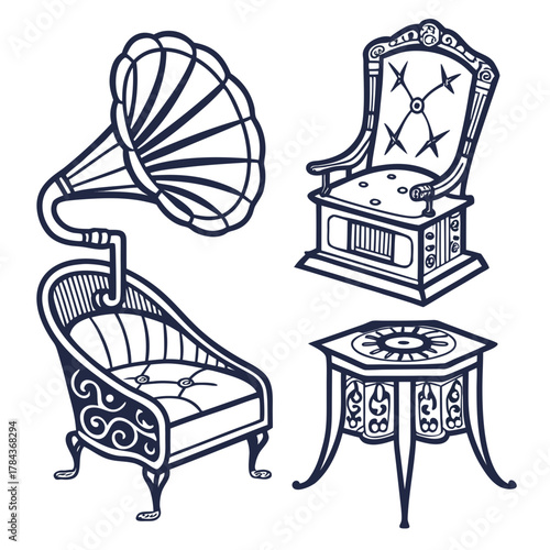 Four vintage style furniture icons with ornate details