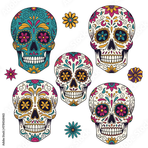 Vibrant Day of the Dead Sugar Skulls Collection: Traditional Mexican Calavera Art with Colorful Floral Patterns