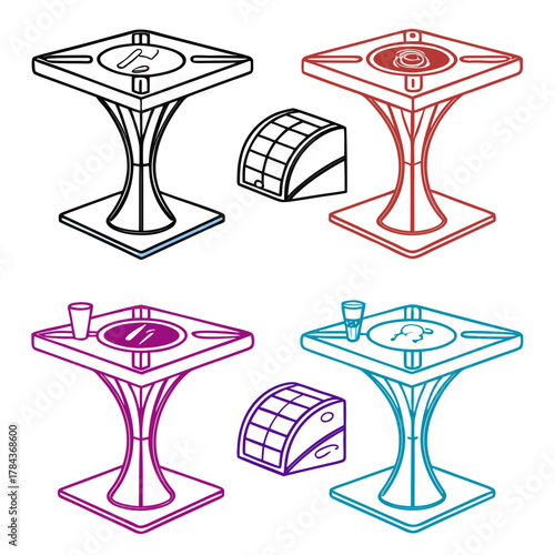 Four futuristic table icons with drinks and ashtrays