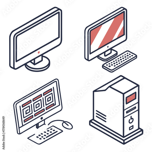 Four isometric computer icons with coral accents computer monitor