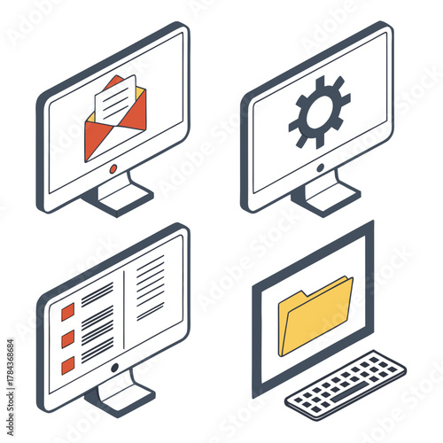 Four isometric computer icons with mail gear list and folder