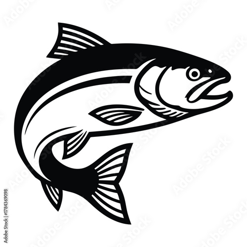 Black and white silhouette of a salmon jumping with open mouth and fins fish leaping
