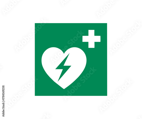 Automated external heart defibrillator ISO 7010 – E010 sign. Safety condition sign pictogram vector design and illustration.
