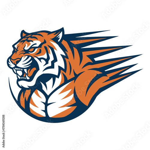 Aggressive orange and navy blue tiger head with sharp teeth and flowing mane animal