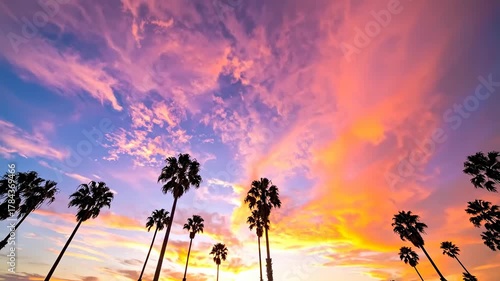 Stunning Palm Tree Silhouette Against a Vibrant Sunset Sky.