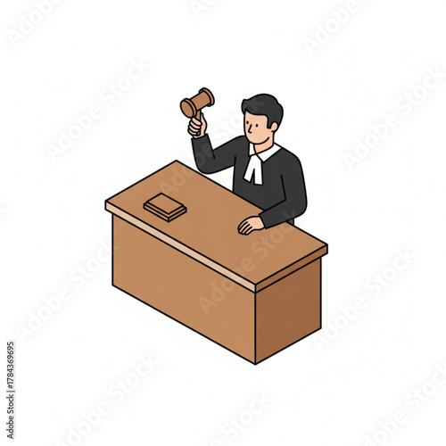 Isometric Judge with Gavel in Courtroom Illustration