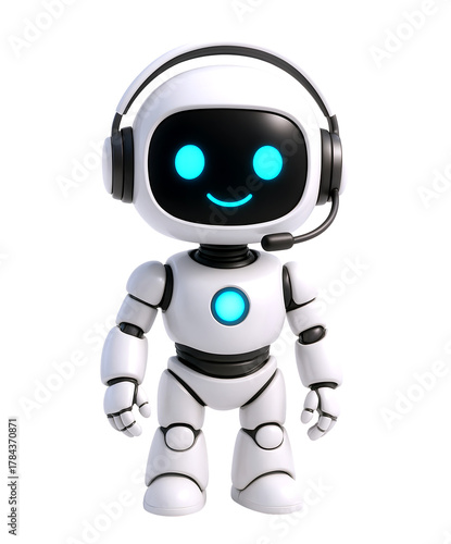 Full-Body Headset Robot – 3D Friendly AI Customer Support Mascot Standing and Smiling, Futuristic AI Assistant isolated on transparent background. 3d rendering PNG file, cut out