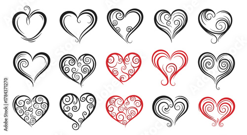 Artistic collection of heart designs featuring intricate swirls, grunge textures, and brush strokes in black and red, perfect for romantic themes.