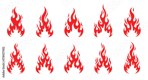 A diverse collection of stylized red flame icons, offering various shapes and intensities, ideal for graphic design and energetic visual elements.