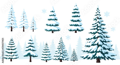 Snow-covered evergreen trees in a winter landscape with falling snowflakes, ready for the holiday season.