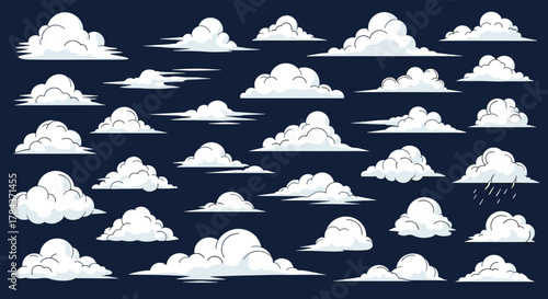 A diverse collection of white pixel art clouds illustrating different weather conditions and cloud formations on a dark blue sky background.