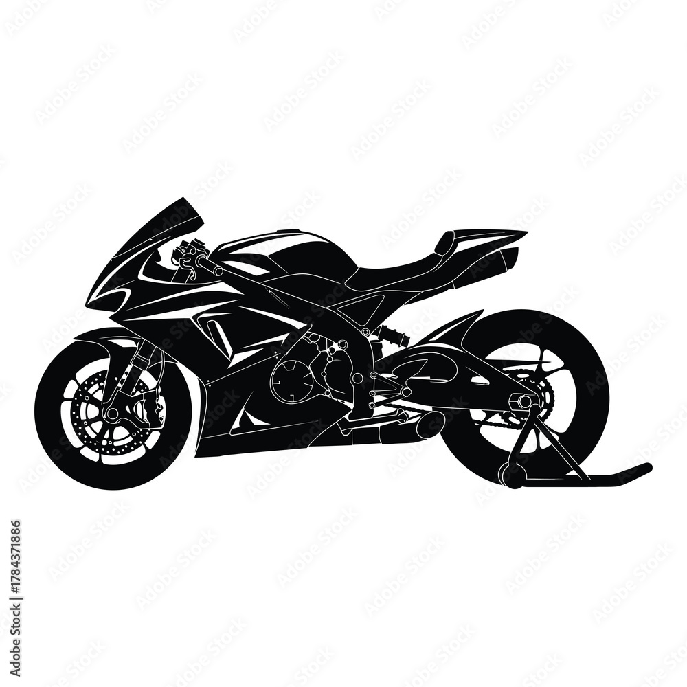 Obraz premium Sleek black sportbike isolated on white background, showcasing modern design and powerful performance, perfect for racing enthusiasts and speed aficionados