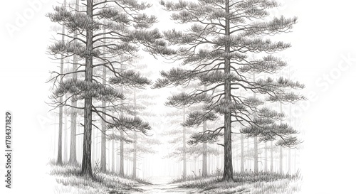 Black and White Pencil Sketch of Tall Pine Trees in Forest with Misty Background