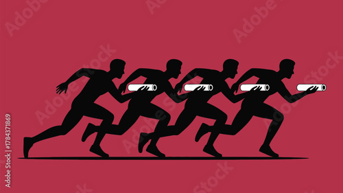 Dynamic team running relay race with business documents passing the baton toward success and growth in a competitive environment