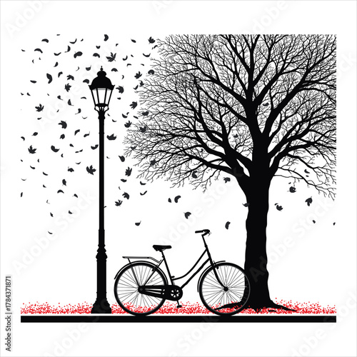 Vintage bicycle with a wicker basket parked under a tree with golden autumn leaves. Peaceful park setting by a calm river. Concept of fall season, cycling, and outdoor relaxation. Generative AI