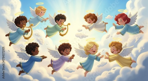Cute Cartoon Angels Flying in Bright Sky with Clouds and Sunlight