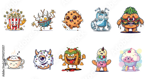 Whimsical food monsters delight with animated popcorn, cookie, burger, and soda can characters, perfect for playful designs and joyful creations