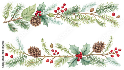 Festive watercolor winter garland border features evergreen branches, holly leaves, red berries, and pine cones, isolated for a transparent background.