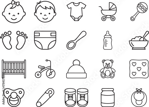 Baby Care Line Icons Set with Toys, Clothes, and Feeding Accessories