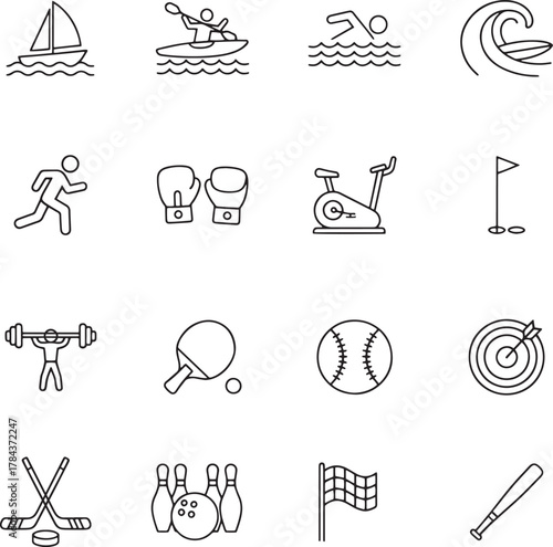Sports and Fitness Line Icons Set Featuring Various Outdoor and Indoor Activities
