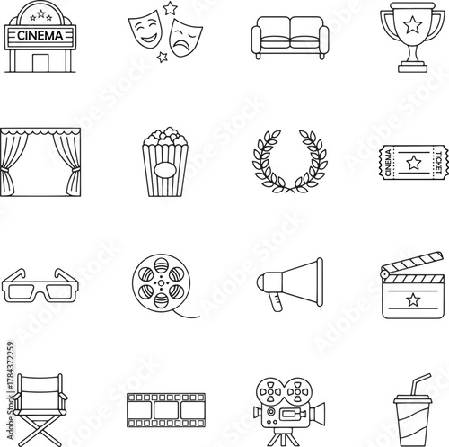 Cinema and Movie Production Line Icons Set with Entertainment and Film Elements