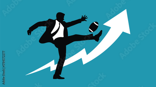 Dynamic businessman kicks football toward success arrow, illustrating ambition, growth, and strategic direction for achieving goals in business and sports